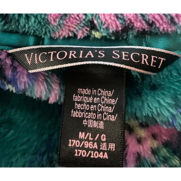 Victorias Secret Womens Sz Medium-large Plaid Fleece Robe Emerald Green Pink - Picture 3 of 10
